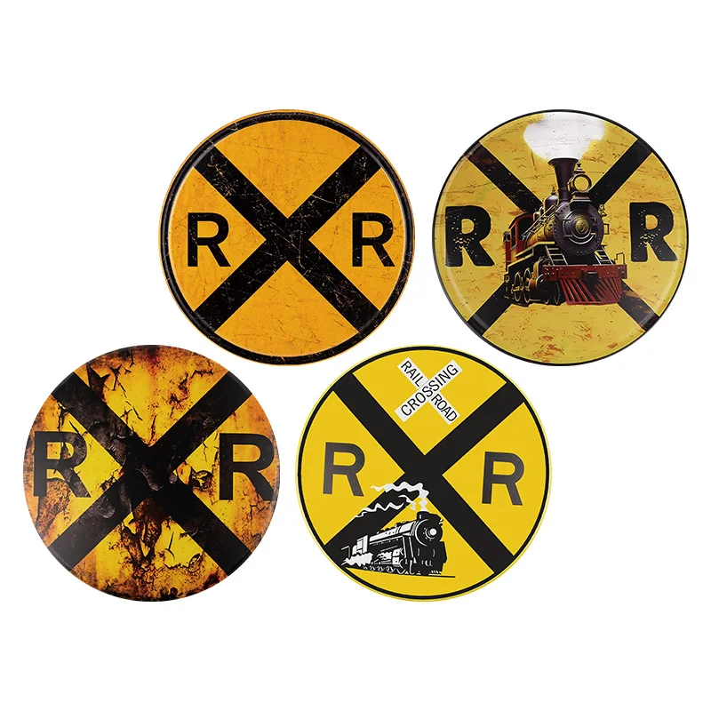 

4 шт. Железнодорожный пересекающий RR X-ing круглый жестяной знак, металлический дорожный круглый символ для декора стен, 8x8 дюймов