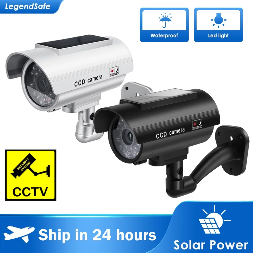 Fake Solar Power Camera Outdoor Waterproof Dummy CCTV Surveillance Home Security Protection Simulation Bullet LED Light Monitor