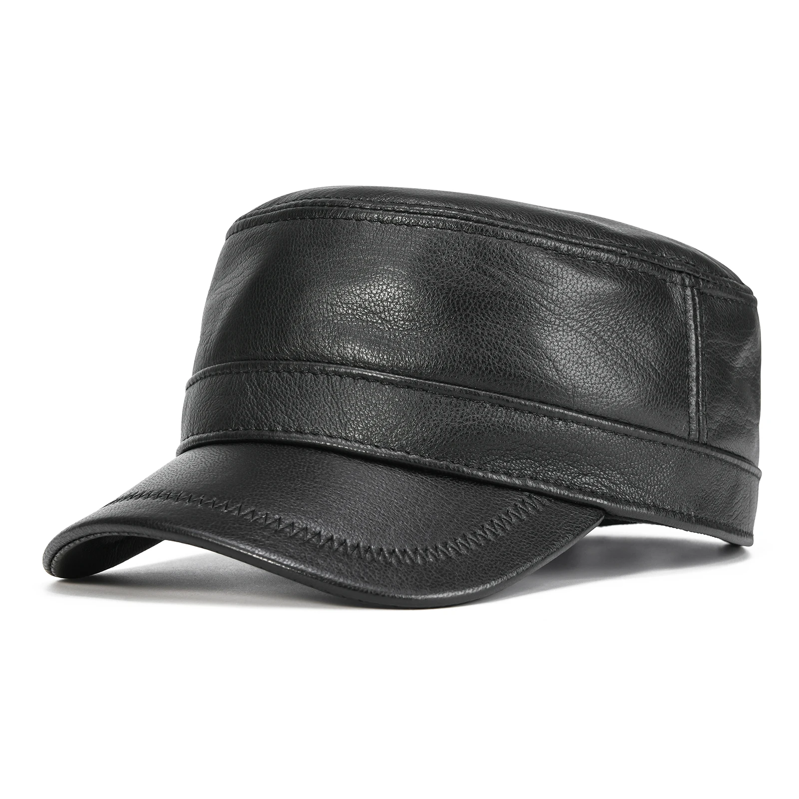 VOBOOM Leather Cadet Army Cap Adjustable Flat Top Military Style Baseball Hat for Men Winter Spring Outdoor