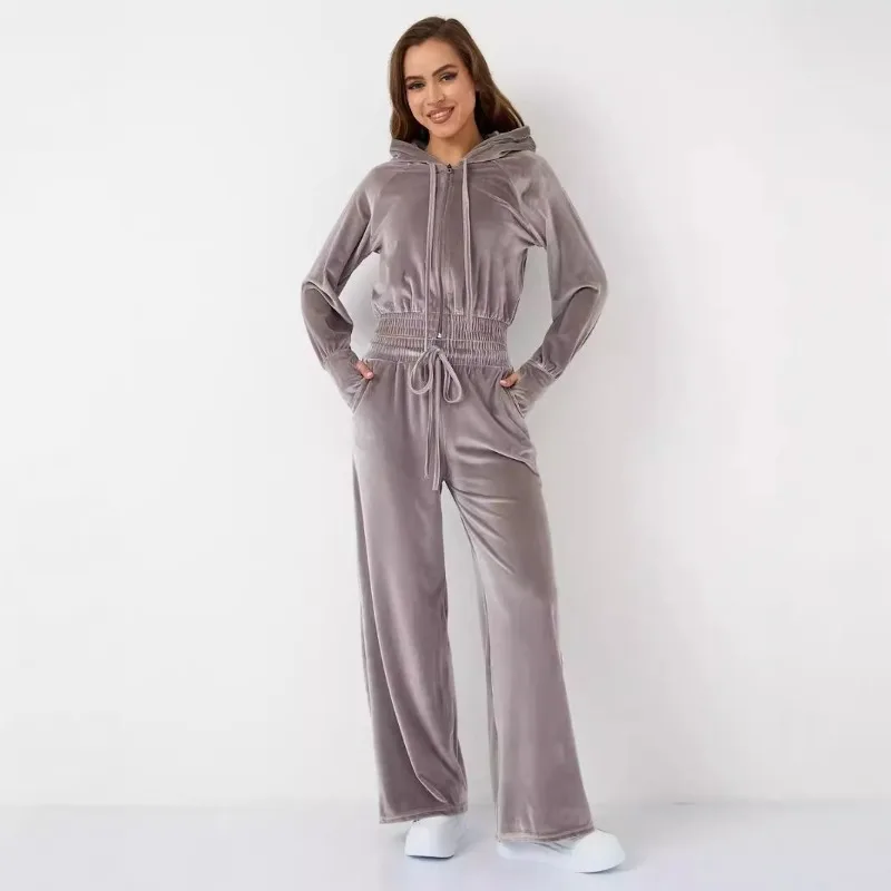 

European and American Fashion Casual Women Clothing Solid Color Zipper Cardigan Silver Fox Fleece Hoodie Tie Pants Two-piece Set