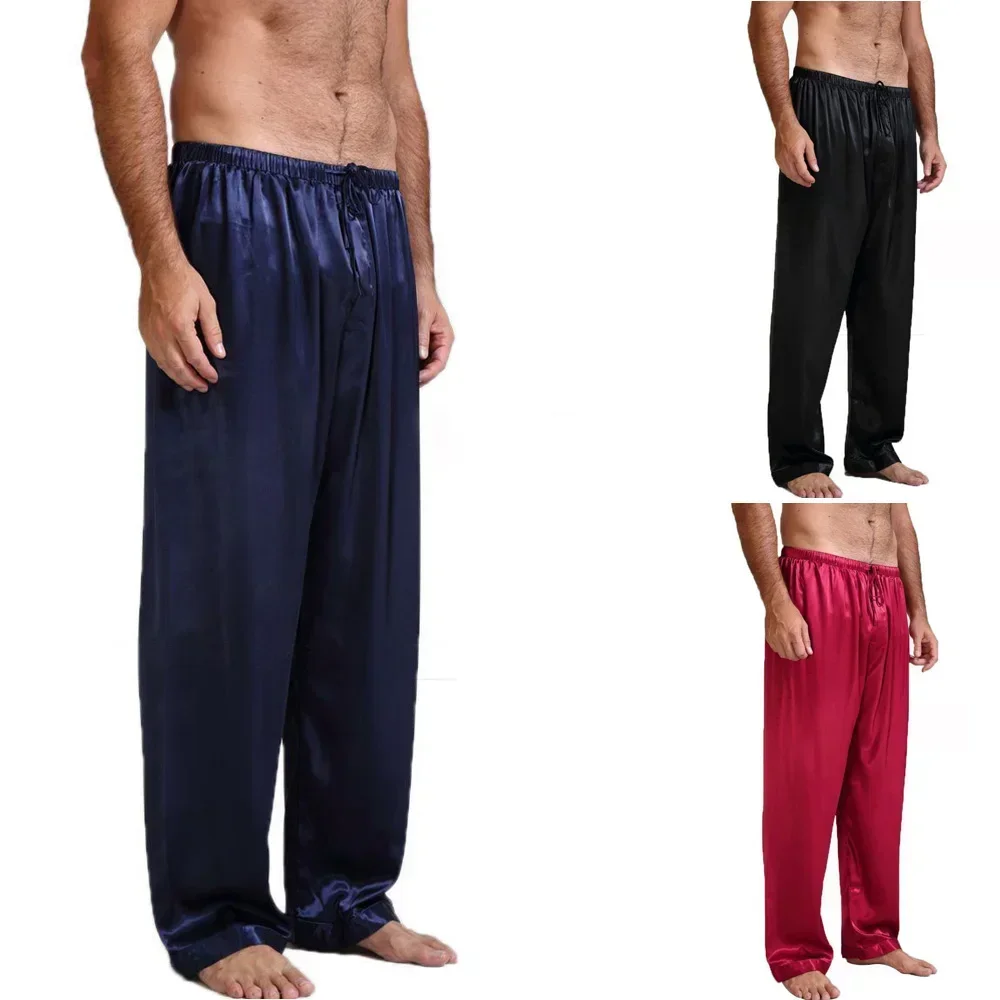 Imitado seda cetim masculino cor sólida respirável macio sleep bottoms pijamas calças pijamas roupas