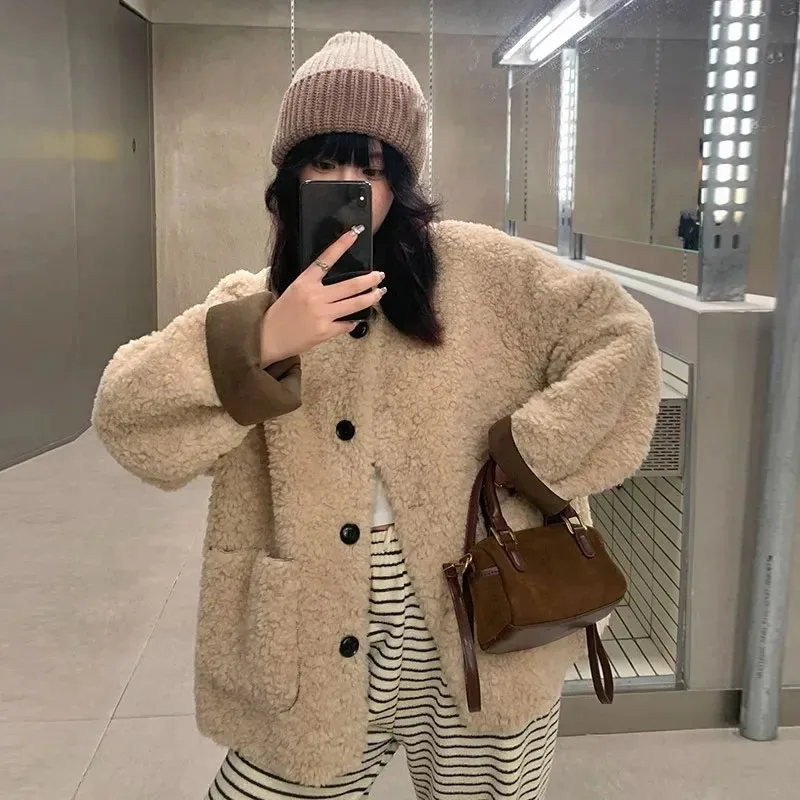

Female Loose Single-Breasted Faux Fur Outerwear Round Collar Lambswool Jacket Women Fall Winter Thick Cotton Padded Warm Coat