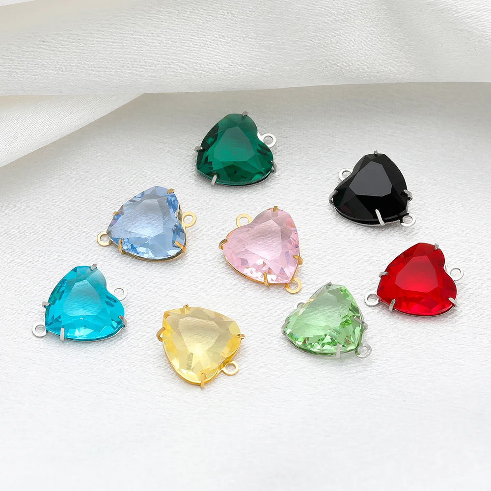 5Pcs Stainless Steel Glass Crystal Heart Double Hole Charms Pendants for DIY Jewelry Bracelets Necklaces Connectors Wholesale
