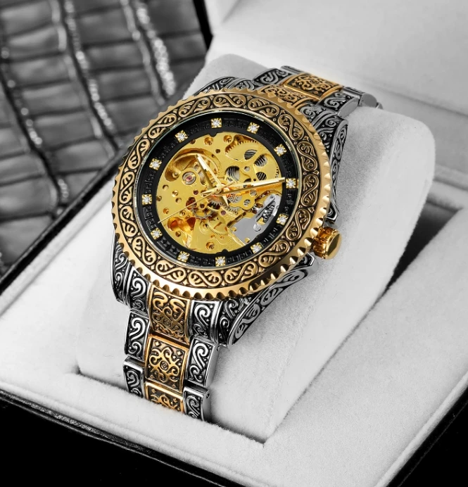 Casual Men\'s Luxury Watch Hollowed Out Retro Carved Automatic Mechanical Watch Business Butterfly Double Button Machinery Watch