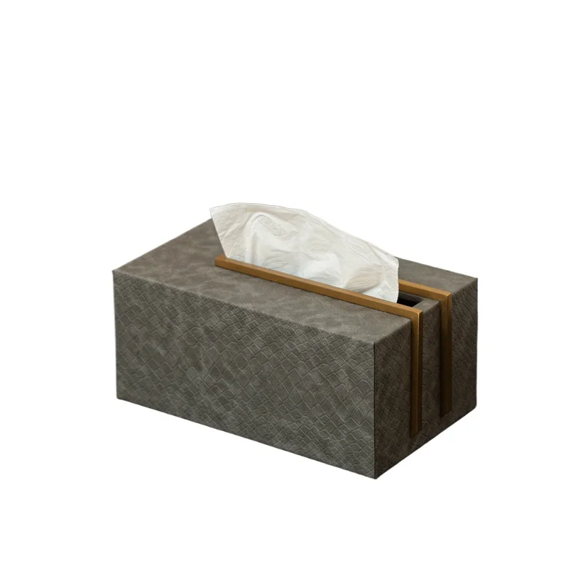 

High-end niche retro striped leather tissue decorative box ornament, coffee table desktop soft decoration