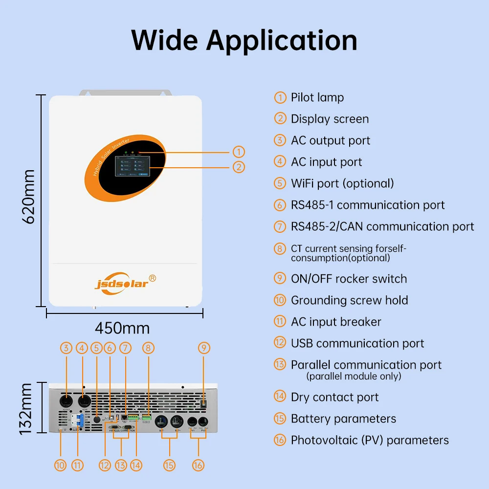 Jsdsolar 12KW 48V Hybrid Solar Inverter 120/240VAC Pure Sine Wave Single Phase Split Phase PV Inverter MPPT 250A With WiFi USB RS485 PV 500VDC Parallel Inverter For Off/On Grid Solar Systems view 8