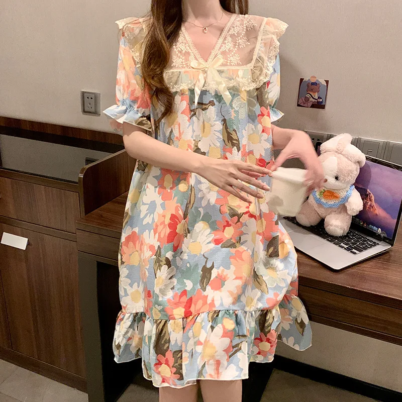 

2XL пижамное платье большого размера с короткими рукавами, летняя цельная одежда для сна с квадратным воротником, ночная рубашка, кружевная хлопковая милая домашняя одежда с облаком