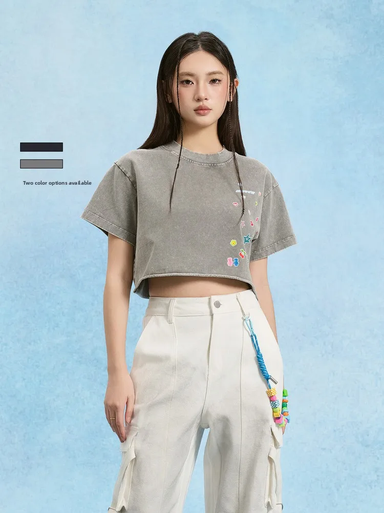 

SOFITTE Retro American Waed Stier Print Cotton ort T-irt Casual Loose Fit Women's Summer Top Pure Cotton ort Sve