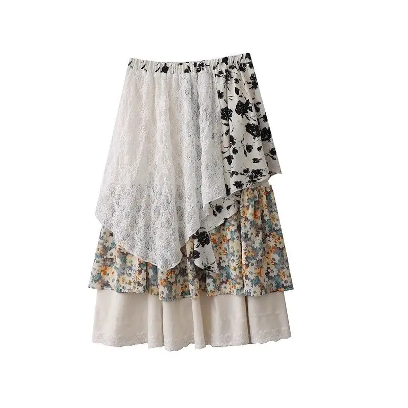 

2025 summer new Mori retro irregular small floral lace splicing skirt women's medium and long A-shaped skirt