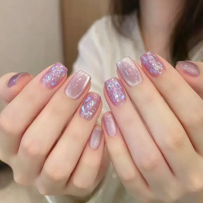 Short Square Shaped Press-On Nails With Free Glue Features A Cat-Eye Design Waterproof Suitable For Festivities
