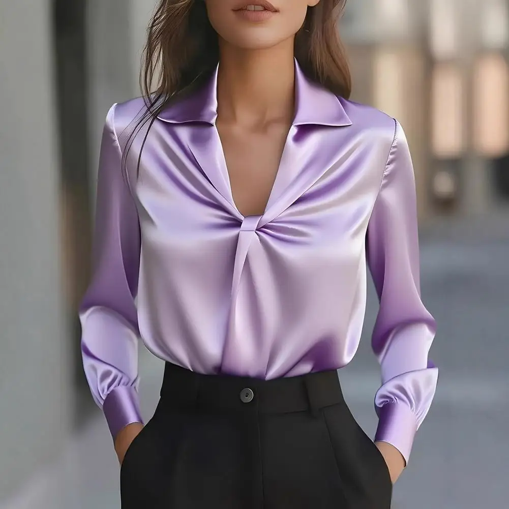 

Autumn Temperament Women Shirt Lapel V-neck Knot Pleated Design Long Sleeve Pullover Tops Pure Color Smooth Satin Casual Tops
