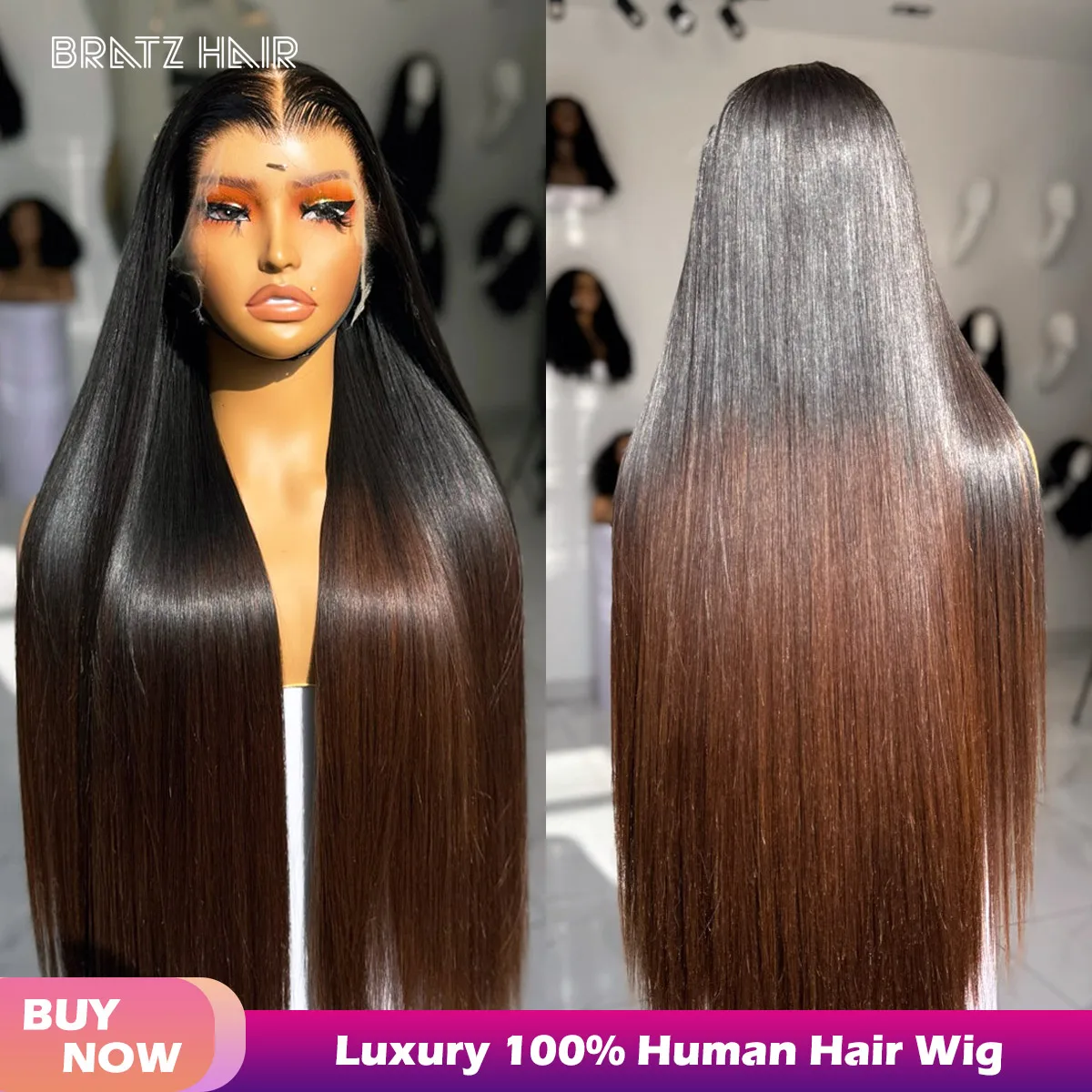 Parrucca senza colla liscia effetto osso 13x6 HD, parrucca frontale in capelli umani colore marrone ombré, parrucca frontale in pizzo HD 13x4 liscia in capelli umani per donna
