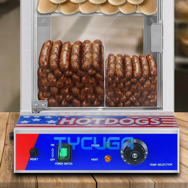 خزانة تسخين هوت دوج التجارية من الفولاذ المقاوم للصدأ، سخان عرض لتدفئة الطعام مع التحكم في درجة الحرارة للاستخدام الخارجي