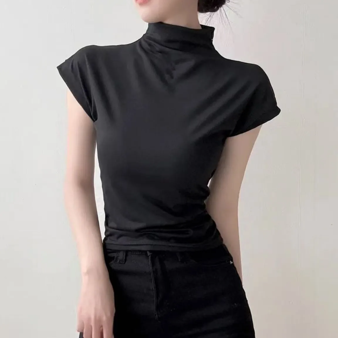 Korean Style Women's Slim Fit Short Sleeve T-Shirt Half High Collar Elastic Thin Summer Top Casual Waist Shaping Pure Color