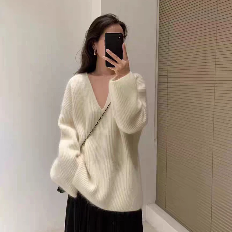 

Autumn and winter new cashmere sweater women's solid color V-neck high-end soft pullover 100% pure wool knitted women's sweater