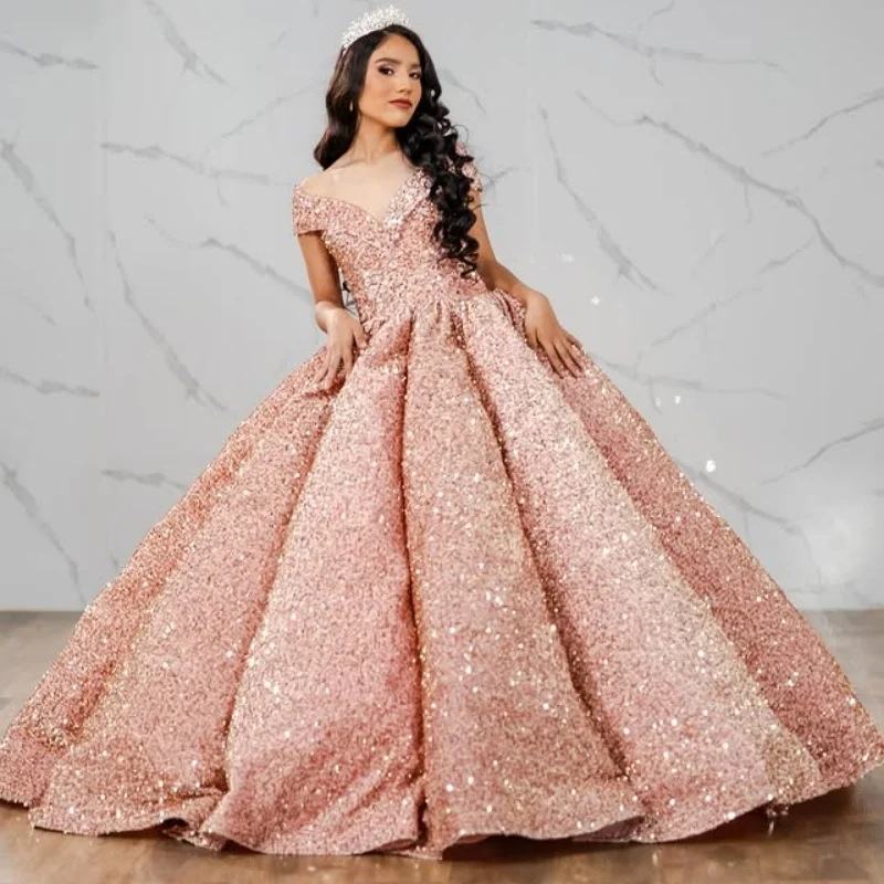 

Customized Shiny Quinceanera Dresses Off the Shoulder Golden Tull sequin applique crystal Vestido De 15 Quinceanera