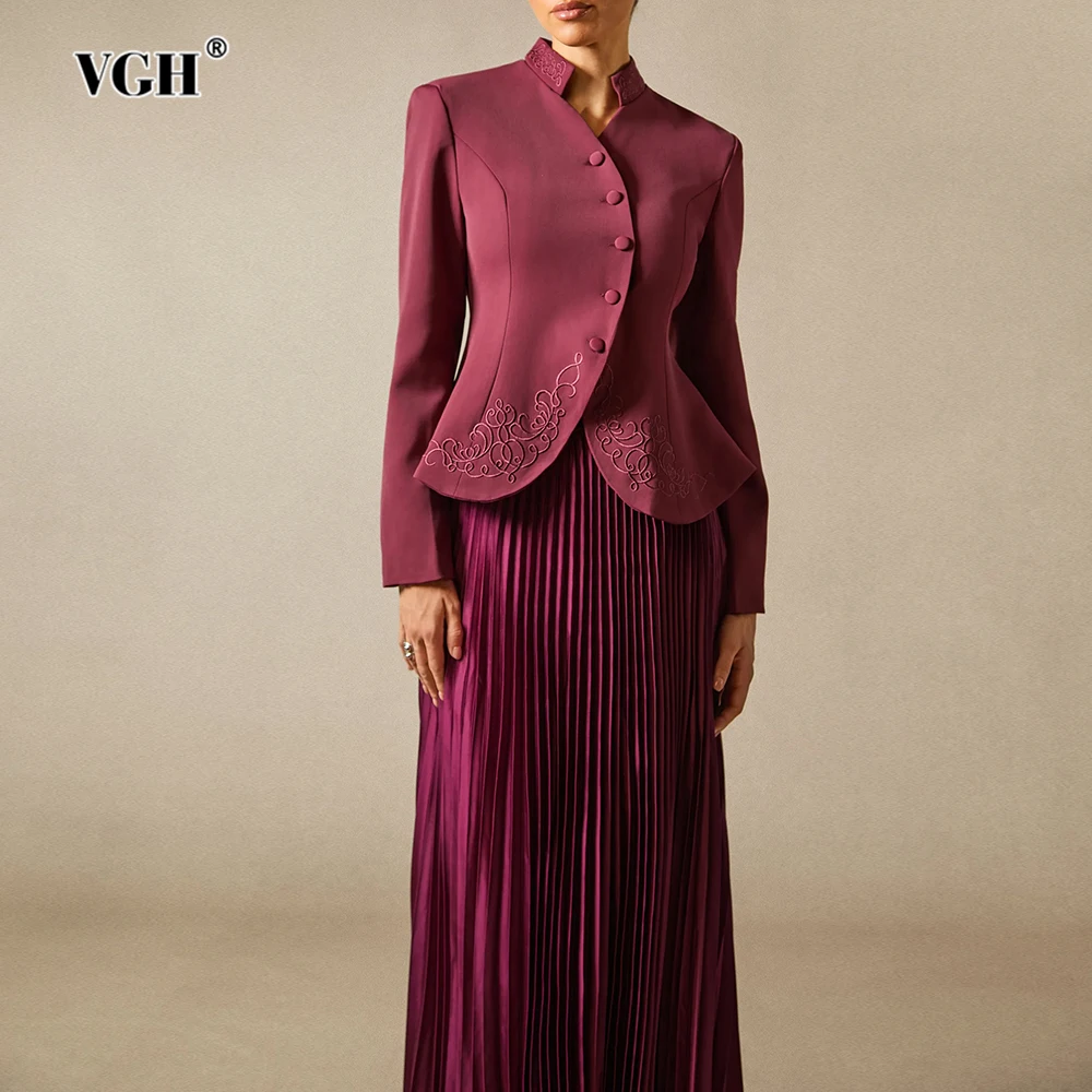 

VGH Темперамент, однотонные комплекты из двух предметов для женщин, воротник-стойка, топ с длинными рукавами, юбка с высокой талией, винтажный шикарный комплект, женская мода, новинка