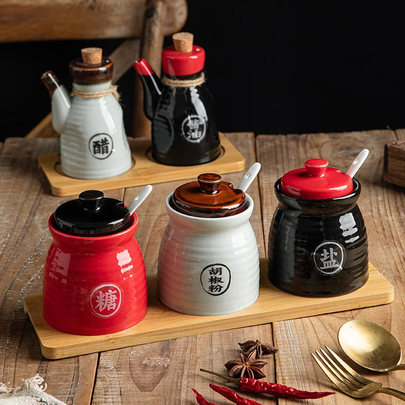Japanese Vintage Stoneware Seasoning Jar Olive Oil Pot Restaurant Barbecue Spice Chili Jar Kitchen Food Jar Storage Container
