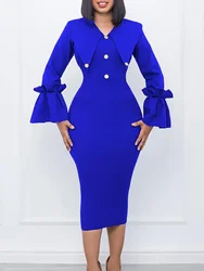 AOMEI Elegant Long Sleeve Dresses Women Bodycon V Neck Button Flare Vintage Royal Blue Black White Claret Office Lady Work Wear