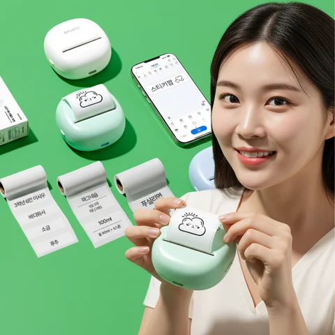 바우아토 무선 블루투스 휴대용 미니 포켓 열감식 라벨프린터기 스티커 네임택 출력 한글 지원 다양한 라벨 용지 롤 호환 메모 인쇄