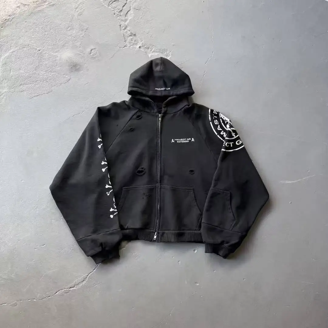 

Grailz Project G/R 2026 Premium Quality New Skeleton Patchwork Washed Hooded Distressed Zipper Jacket