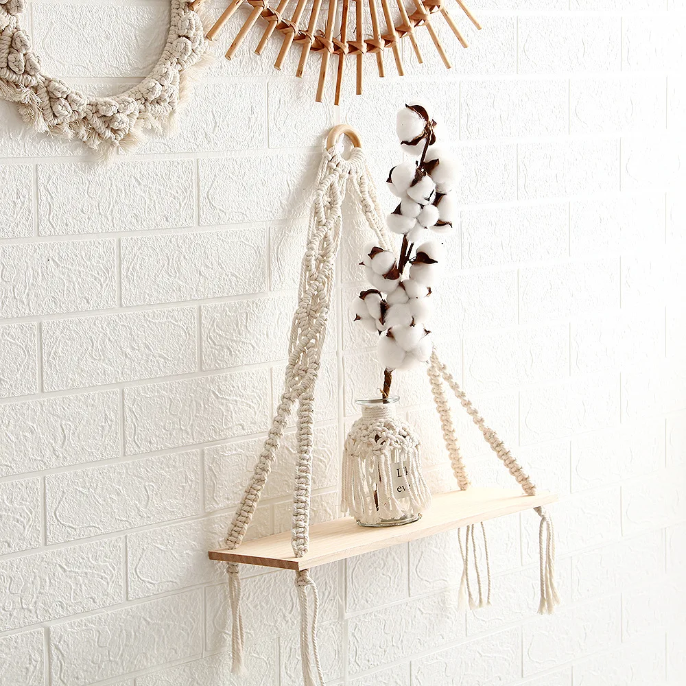 Tapestry Bohemian Macrame Hanging Shelf Nordic Minimalist Home Decor Storage Rack Handwoven Cotton Cord Solid Wood Wall Shelf