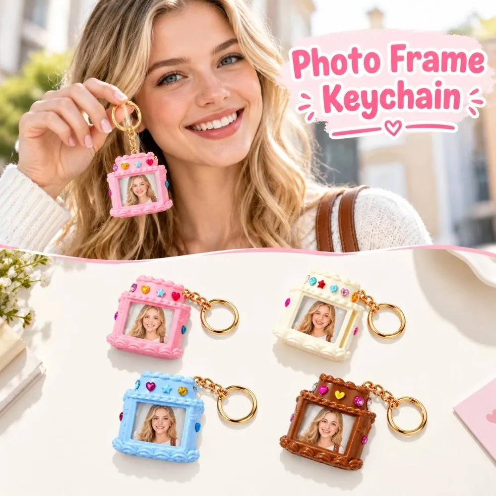Picture Holder Mini Photo Frame Keychain 3D Printed Portable Picture Frame Keyring Cute Novelty Birthday Cake Topper Anniversary