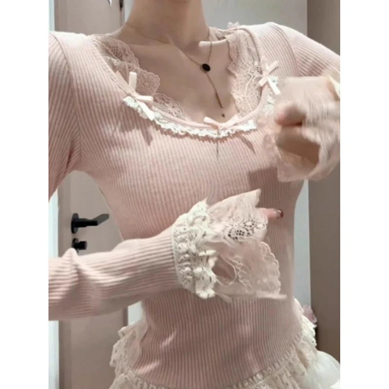 Camiseta de encaje para mujer, camisetas de manga larga a cuadros Y2k, Top liso con lazo, camiseta ajustada de primavera, ropa de punto de moda coreana para mujer 2025