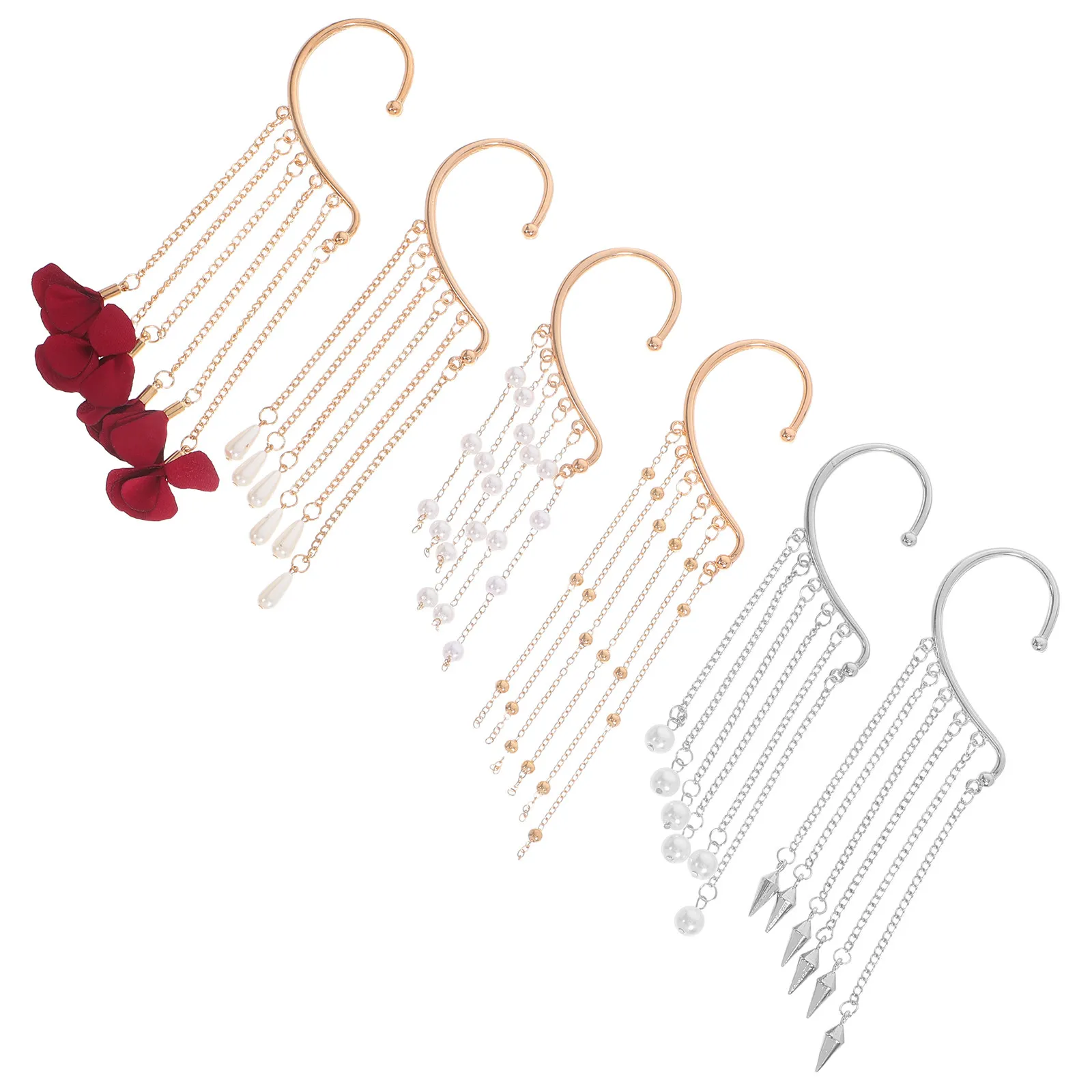 6Pcs Boho Tassel Earrings Set Women Clip on Dangle Drop Fringe Ear Cuff Wraps Cartilage Crawler Fairy Elf Ethnic Style Floral