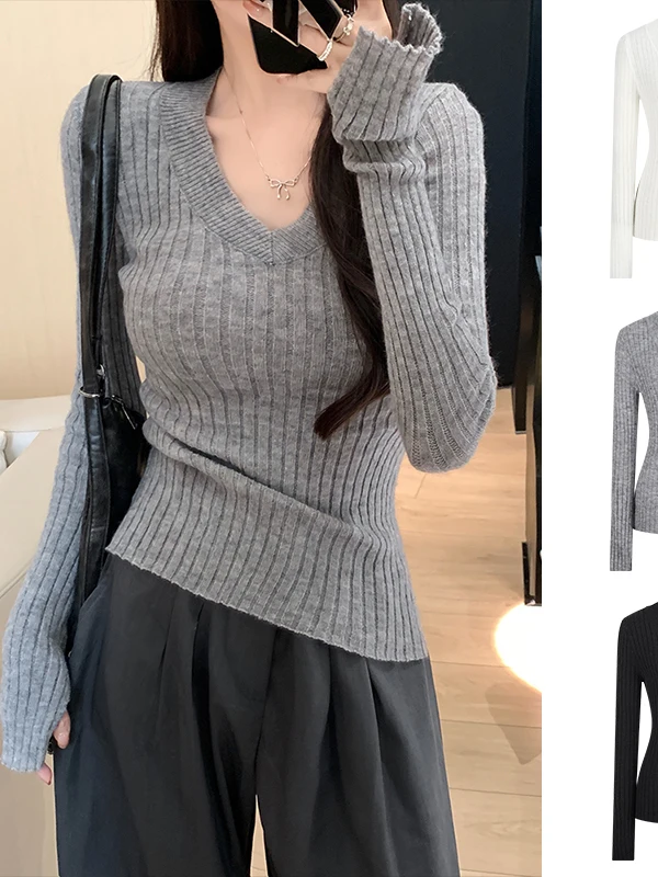 

Женский вязаный свитер с V-образным вырезом, модный, весенний, повседневный, приталенный, с длинным рукавом, для ношения под одеждой, высококачественный, мягкий, вязаный, повседневный стиль