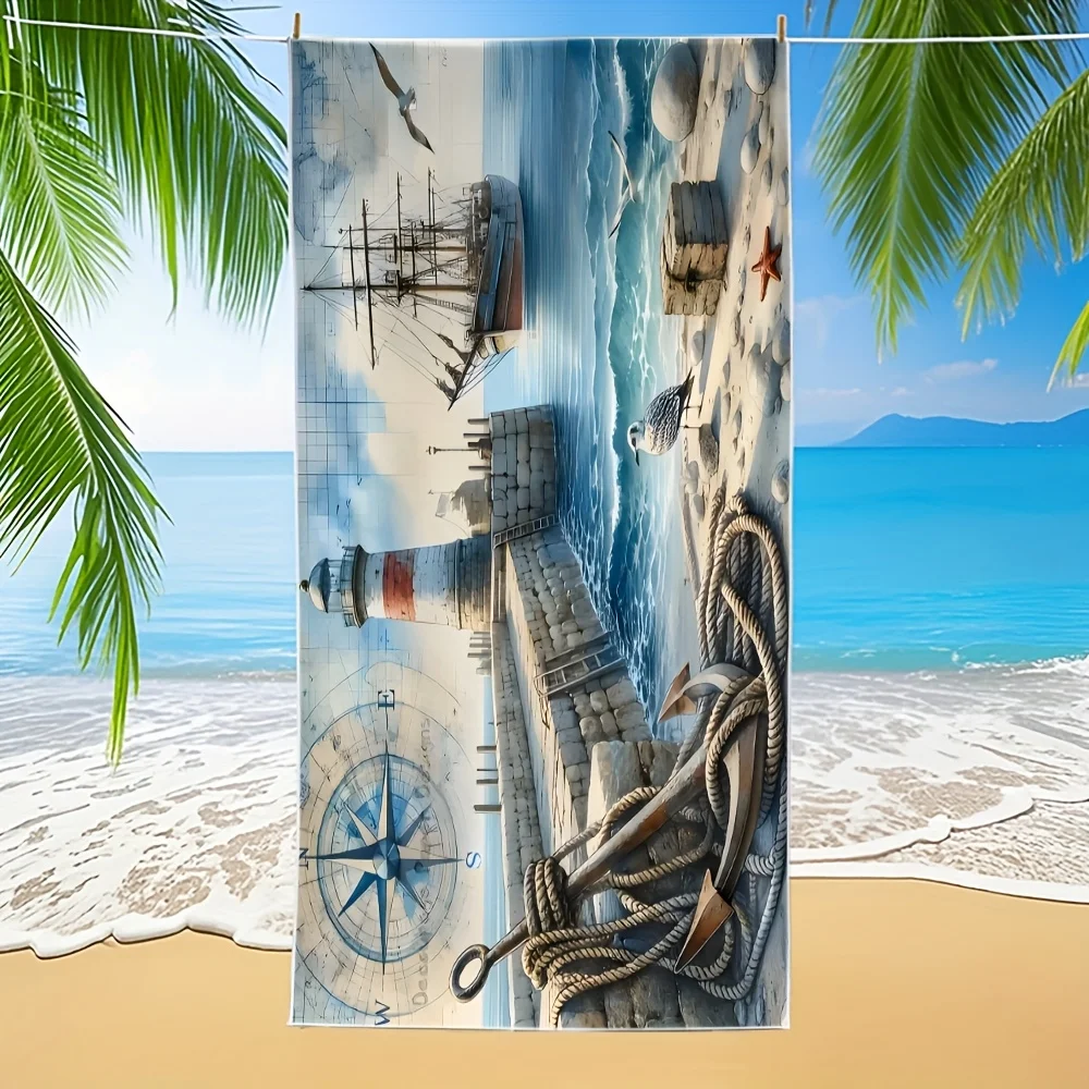 Coastal Seascape Lighthouse & Seagull Print Sporty Beach Towel, Machine Washable, Soft, Absorbent, Quick-Drying, Ideal for Pool,