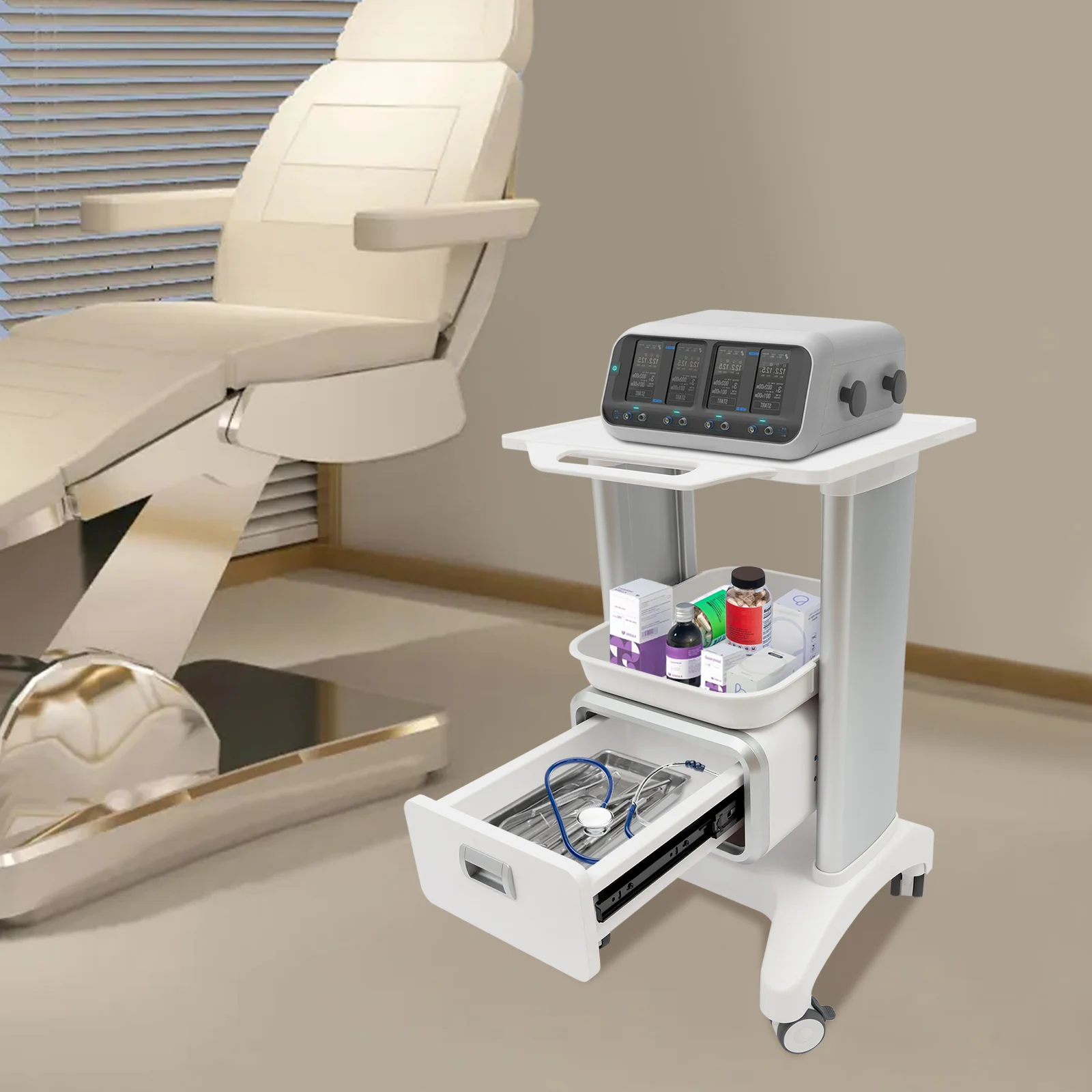 

Medical Trolley w/ Wheels Mobile Trolley w/ One Drawer & 2 Trays for Cosmetic Instruments, Rolling Tool Trolley 100kg/220.46lbs