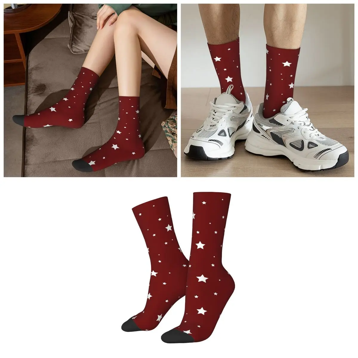 Red White Stars On Red Background Socks Harajuku High Quality Stockings All Season Long Socks for Man Woman Valentine's Day Gift