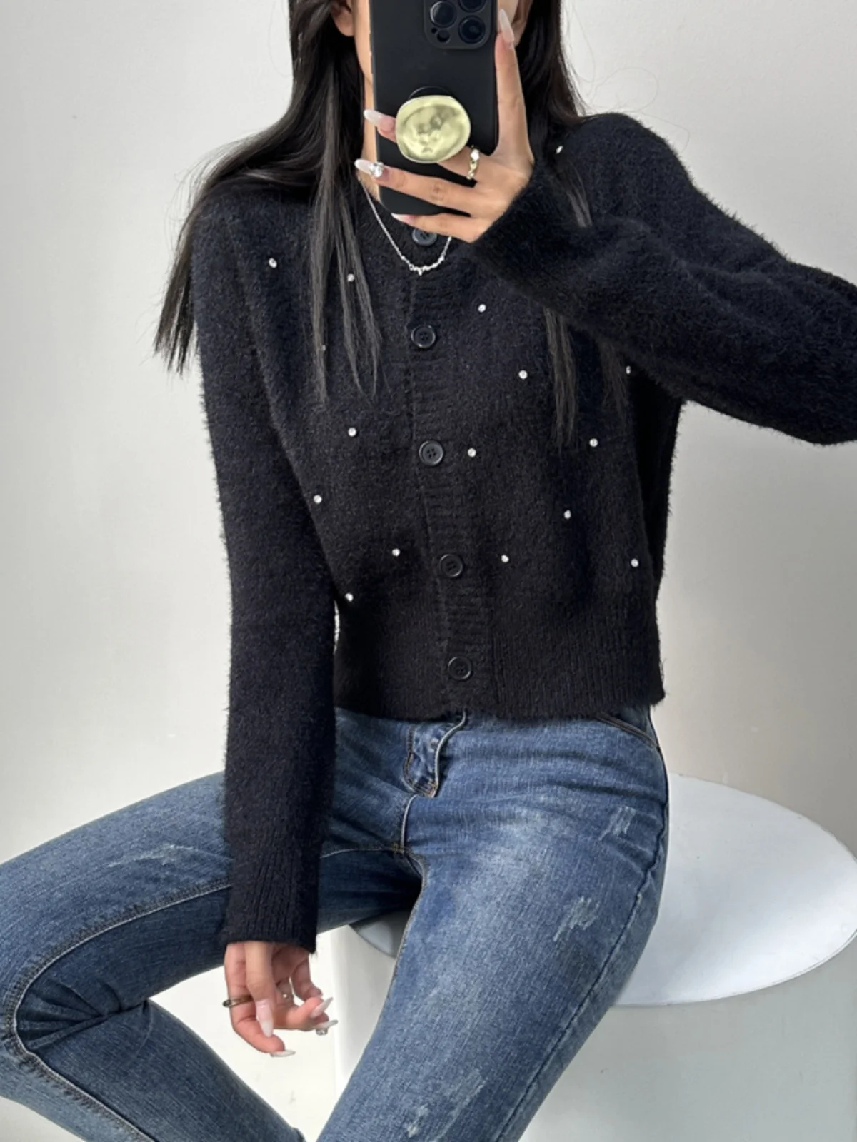 

Жемчужный вязаный открытый кардиган из норки с жемчугом, шикарный круглый свободный милый антивозрастной свитер Jaet, модный длинный све