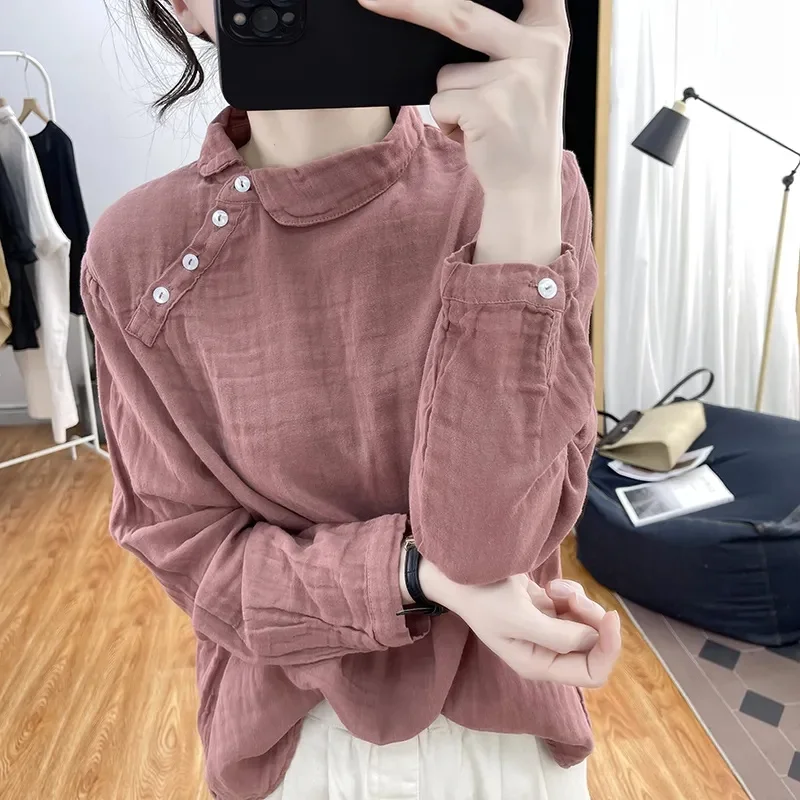 

Ретро женская хлопковая повседневная рубашка с диагональными пуговицами, весенняя, в женственном стиле, свободная блузка-пальто, осенняя, однотонная, топ-жакет