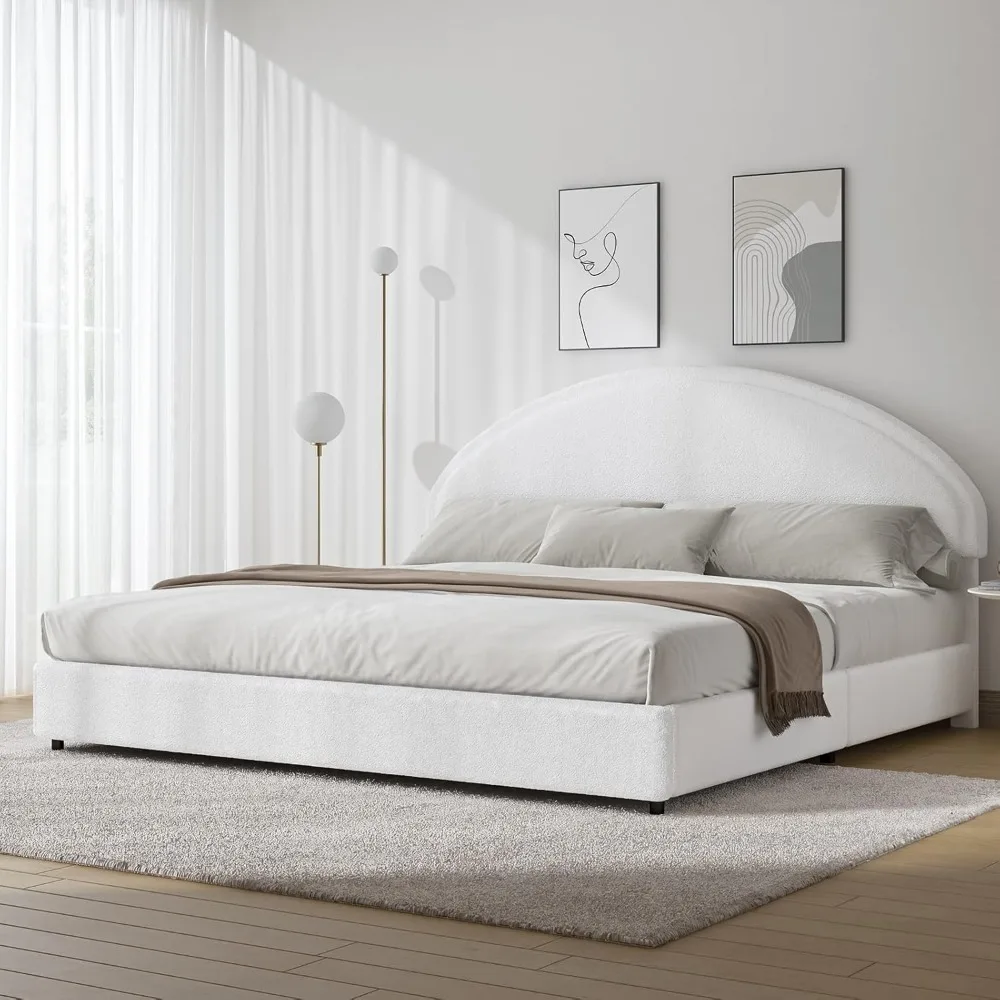 

King Size Bed Frame, Boucle Upholstered Platform Bed Frame with Headboard, Modern Style, Soft Arch Shaped Round Headboard