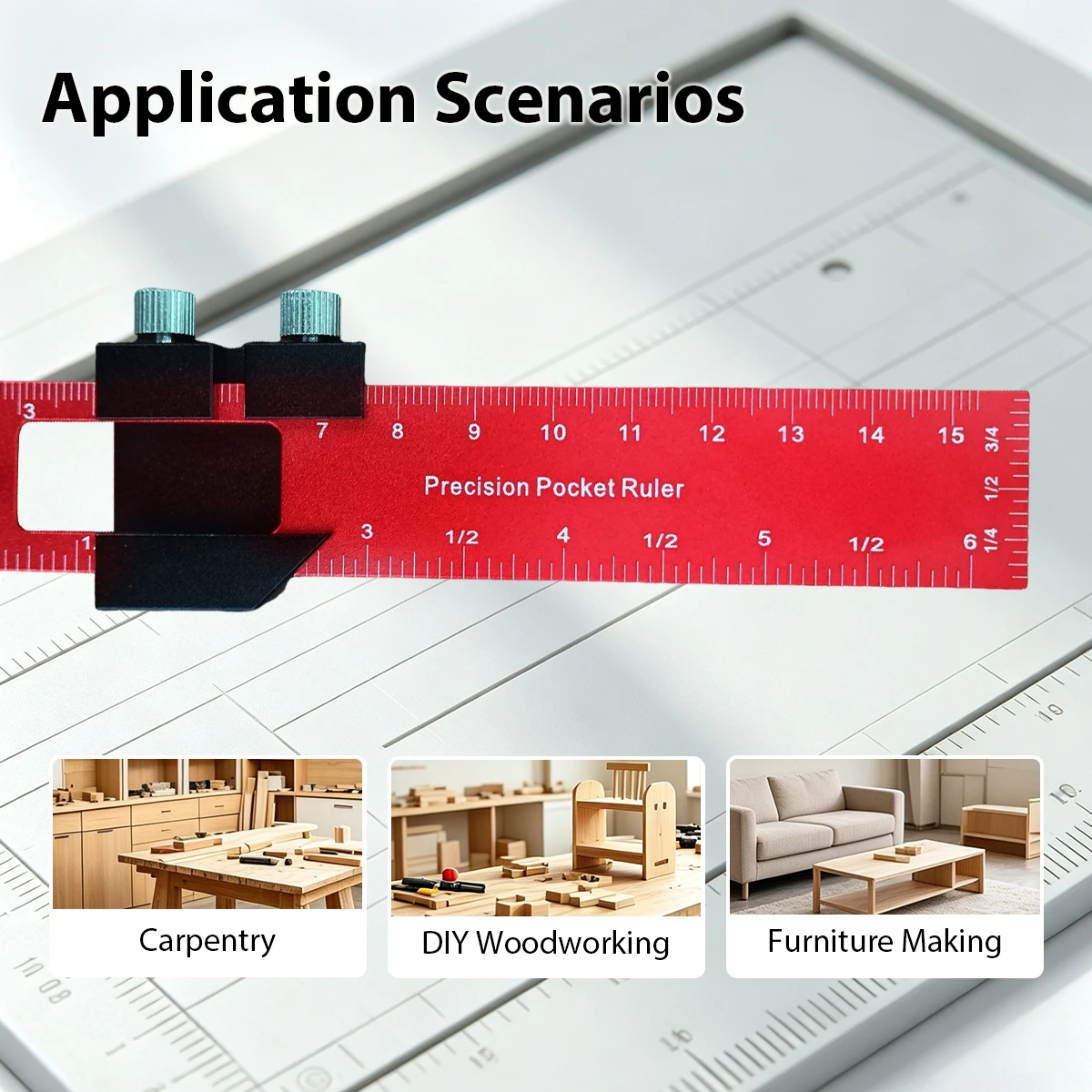 Woodworking Tools Ruler - Pocket Ruler Layout Tool Aluminum Precision Ruler with T-Track Metal Slide Stops,Inch and Metric Scale