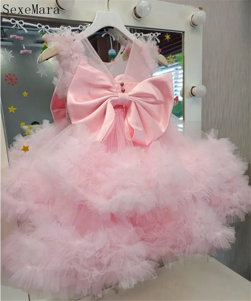 Beautiful Pink Flower Girls Dresses Tulle Pearls Knee Length Communion Pageant Gown Birthday Party Dress