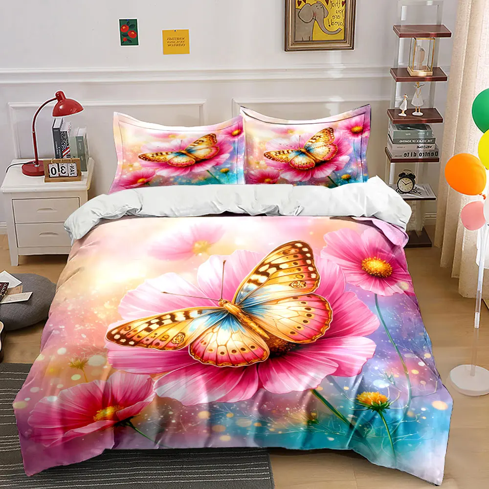 Butterfly on Pink Flower Print Soft Comfortable Duvet Cover Bedding Set Included 1*Duvet Cover  2*Pillowcases Luxury gifts