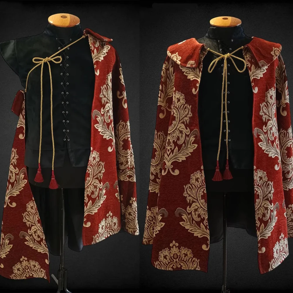 

Tudor Elizabethan King Costume Men's Royal Court Nobleman Vest with Cloak Victorian Renaissance Prince Wedding Cape Uniform Suit
