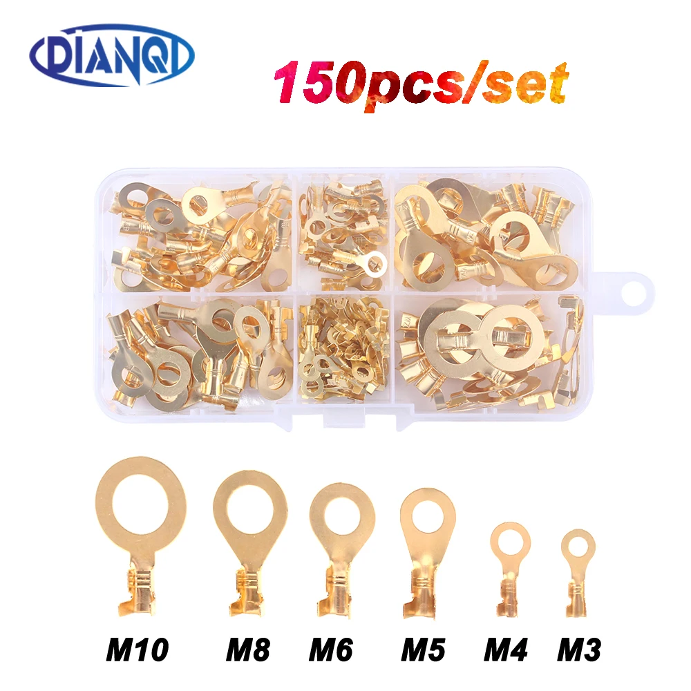 150PCS M3/M4/M5/M6/M8/M10 Ring Lugs Ring Eyes Copper Crimp Terminals Cable Lug Wire Connector Non-insulated Diy Assortment Kit