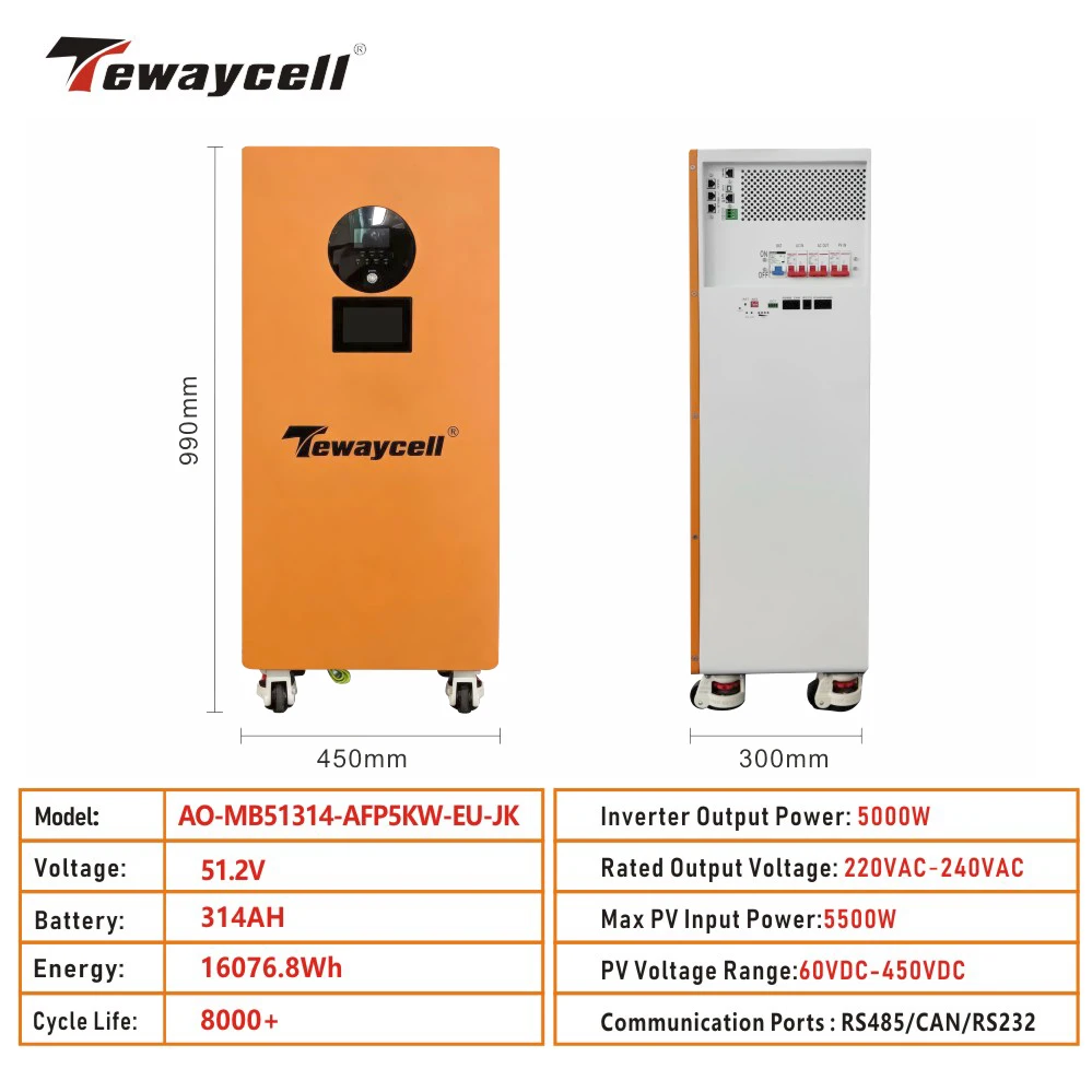 Tewaycell New ALL in one 16KWh Powerwall 51.2V 314AH LiFePO4 Battery Built-in 5KW Inverter ESS Solar Energy System DDP Delivery