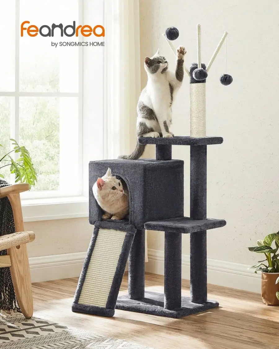 Cat Tree, 46.5in Cat Tower For Indoor Cats, Kittens, Multi-Level Plush Cat Condo, 16.5 X 12.6 X 46.5 Inches, Scratching Post, Ramp, 3 Removable Pompom Sticks, Cat Cave,Dark Grey, Light Grey