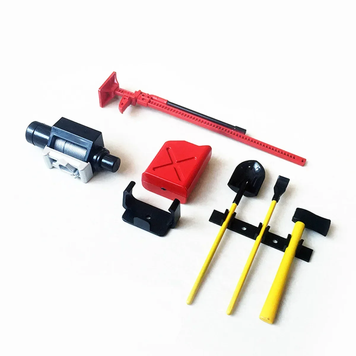 6PCS 1/10 RC Garage Tool Set, Includes Hi-Lift Jack Winch Shovel Axe, for SCX10 TRX4 D90 CC01 Crawler Display Scene