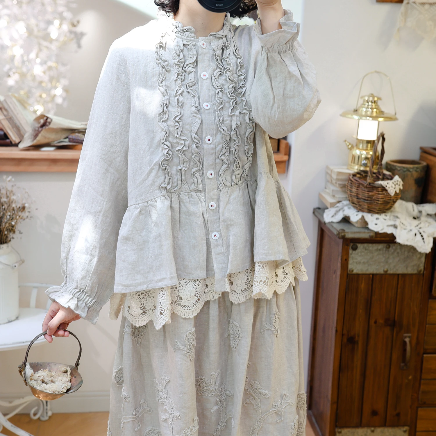 

Miima Original Japanese Sle Heavy Embroidery Lace Collar Linen Patchwork Jaet Women's Loose Fit Long Sve irt