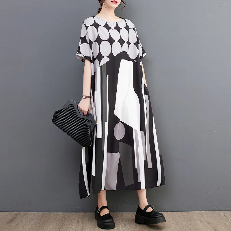 #3396 Printed A-line Dress Women O-neck Long T Shirt Dress Short Sleeve Casual Vintage Midi Dress Female Retro Ladies Dresses