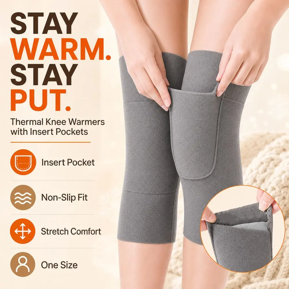 Insert Pocket Thermal Knee Warmers Elastic Cuffs Seamless Edging Knee Warmer Sleeves Stretch Fit Non-Slip Fabric
