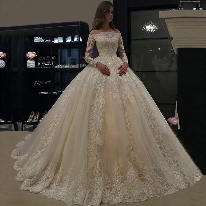 Customized  Ballgown Lace Appliques Wedding Dresses Vestido De Noiva 2025 Illusion Long Sleeves Plus Size Puffy Bridal Gowns