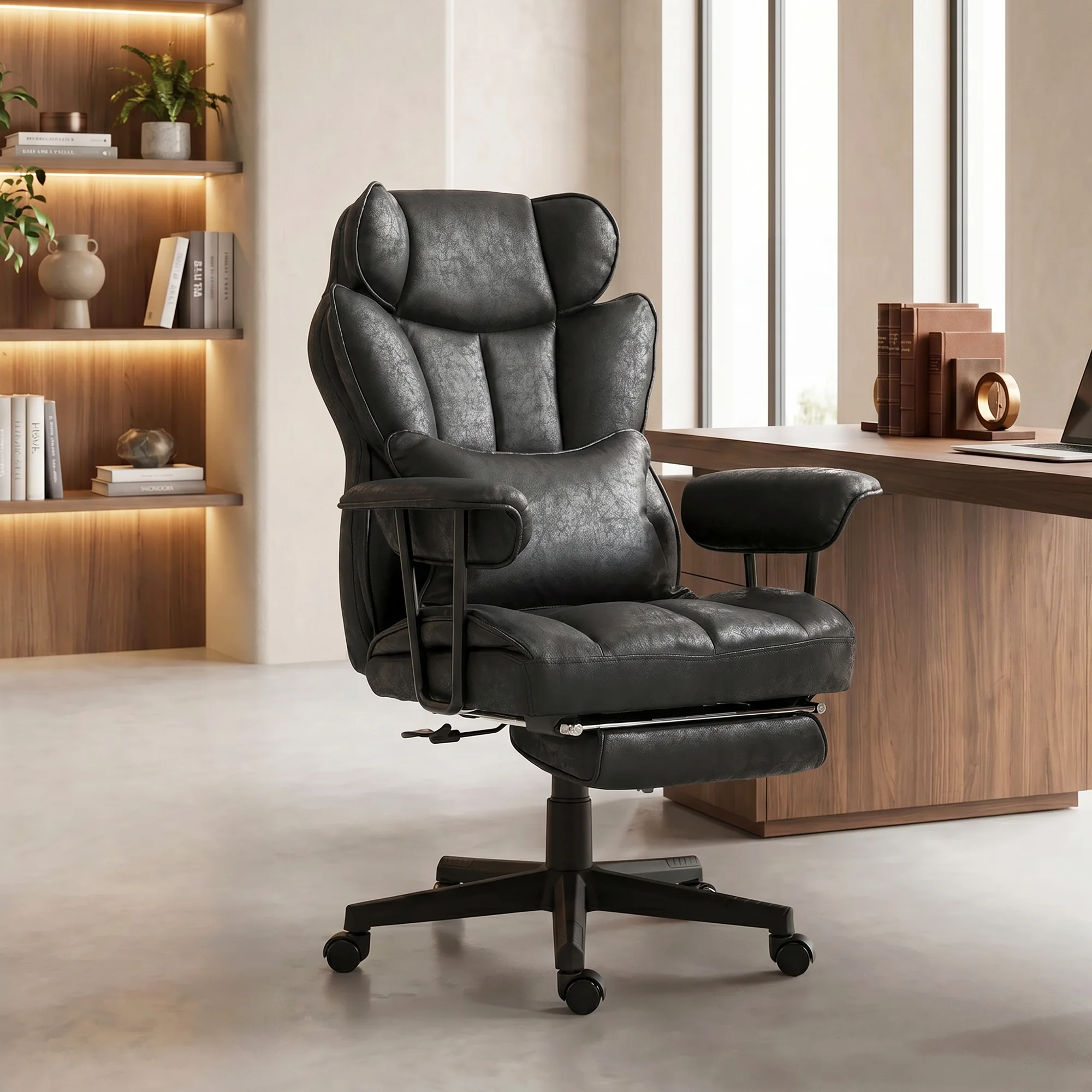 HOMCOM 400LBS Big and Tall Office Chair with Footrest and Reclining Function, Fabric Heated Massage Executive Office Chair with 6 Vibration Points and Lumbar Support, Black