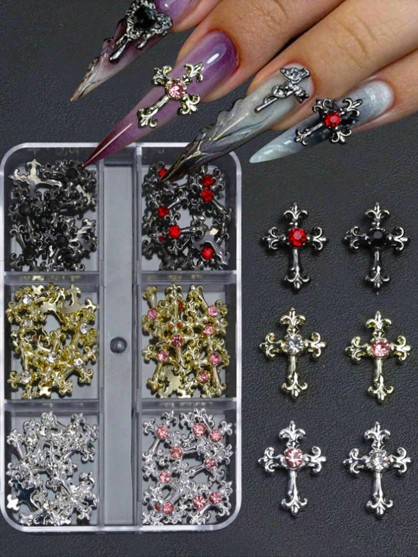 

60 шт.Y2K Набор украшений для ногтей с золотым, серебряным и черным крестом со стразами, черные, белые, розовые, красные стразы из сплава для дизайна ногтей